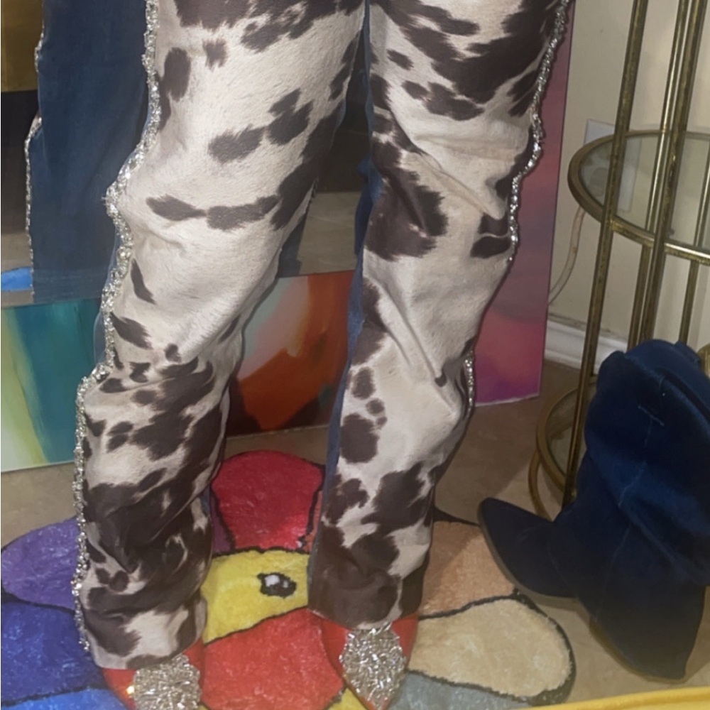Cow Print Jeans with Rhinestone Trim - Picture 7 of 7